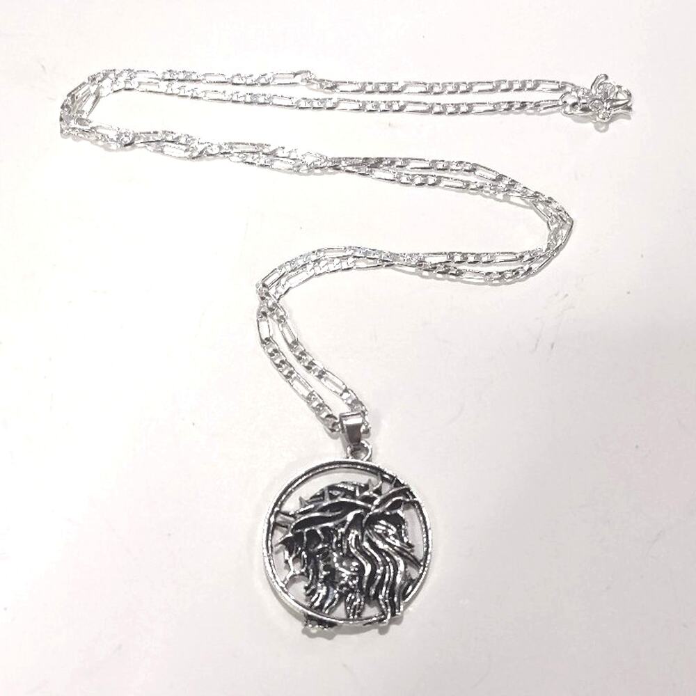 925 Silver Necklace Figaro Jesus Crown of Thorns Christian Catholic Pendant Gift